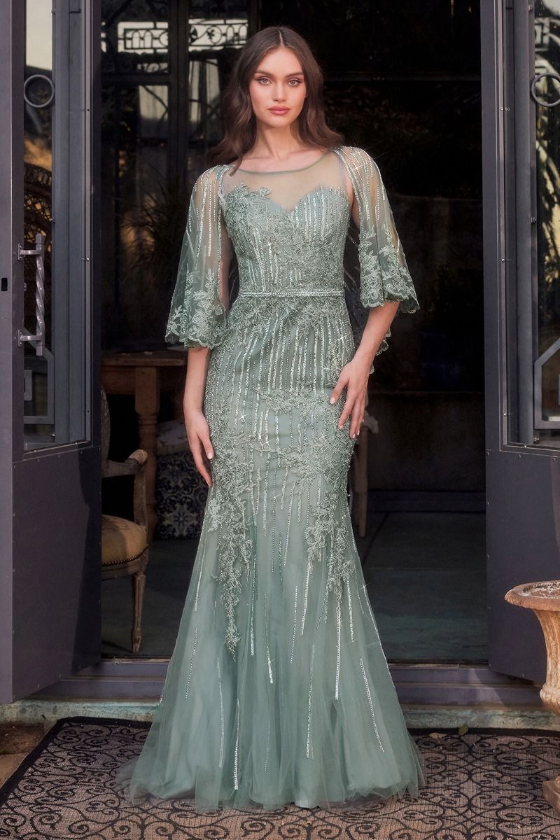 Maxi Tulle Mermaid Special Occasion Gown w/ Caplet & Sequins Embroidery CDMA105-0